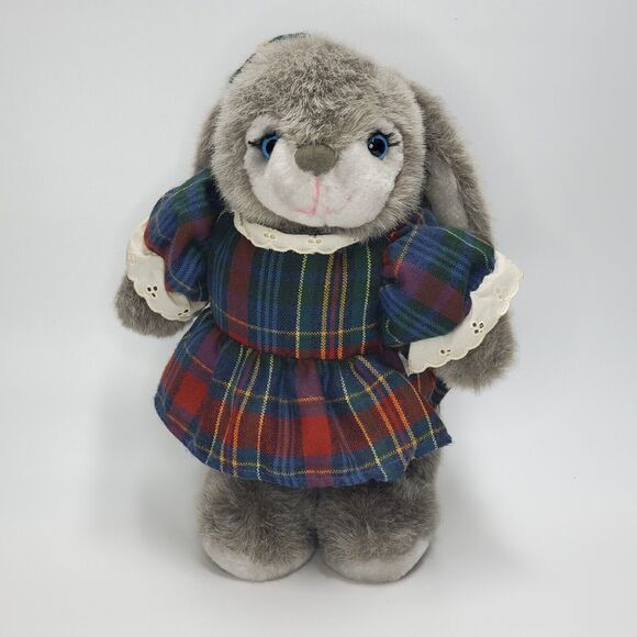 Russ Bunny Plush Beverly Gray Rabbit Plaid Dress Bow Stuffed Animal Toy 13" - Picture 1 of 9